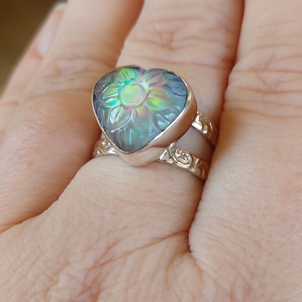 Aurora Opal Carved Heart Shaped Ring Sterling Silver - Picture 4 of 8